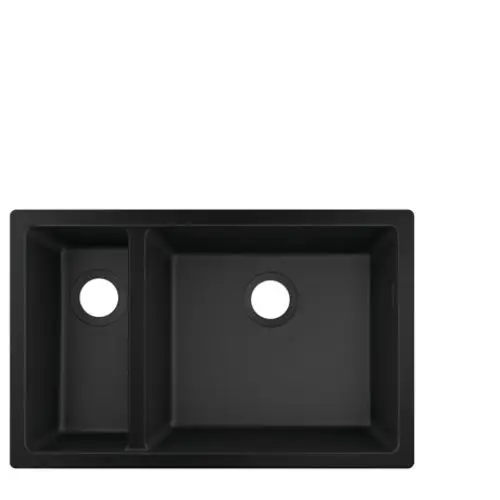 Unterbauspüle von Hansgrohe in Graphitschwarz mit zwei Becken und runden Öffnungen. Einfache, klare Form ohne zusätzliche Verzierungen.
